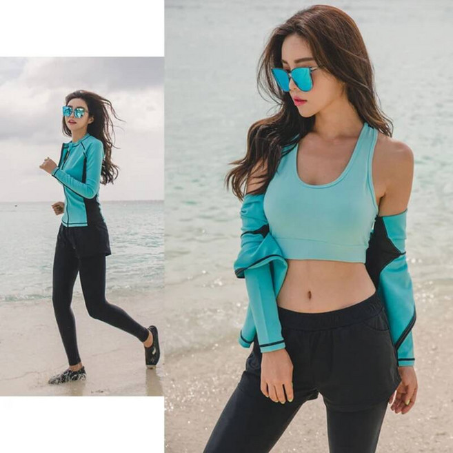 여성 집업 여자 래쉬가드 브라탑 여성용 5 피스 긴 소매 수영복 라이크라 전체 액티브웨어 세트 요가 조깅 러쉬가드 운동 서핑 운동복