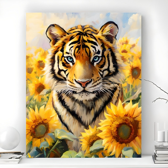 돈벼락 재물복 보석십자수 액자 캔버스형 DIY 패키지 돈 들어오는 그림 풍경 동물 꽃식물 3D 금전운 풍수 그림 40X50cm, 1세트, 해바라기 호랑이