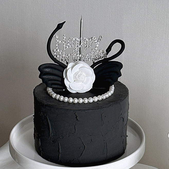 스완 큐빅 생일 케이크토퍼+초 세트, 1세트, 50g, 블랙