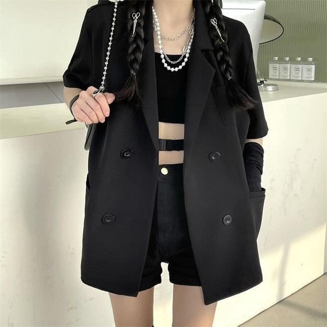 加大尺碼女裝 薄西裝外套 寬鬆顯瘦 短袖西裝外套 夏原宿風