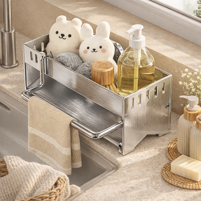 아크포지 싱크대 스텐 물빠짐 수세미 거치대 세제 정리 행주걸이형, 1개, 실버