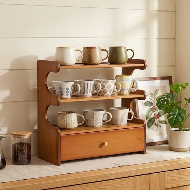 쿠리브 수납선반 책상 주방 정리 다용도다용도선반 천연 소재 컵정리대, 4단, 월넛