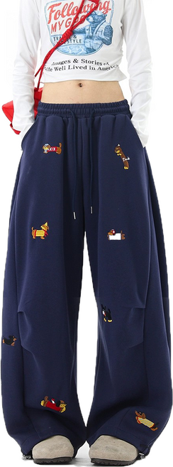 KKIOP 아메리칸 스트릿 강아지 자수 캐주얼 팬츠 남녀 댄스 하이웨스트 트레이닝 와이드 팬츠 [신상 추천]