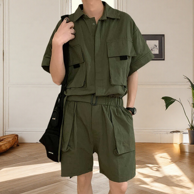 남자 점프슈트 여름 반팔 작업복 스트레이트 캐주얼 반바지 휴가룩