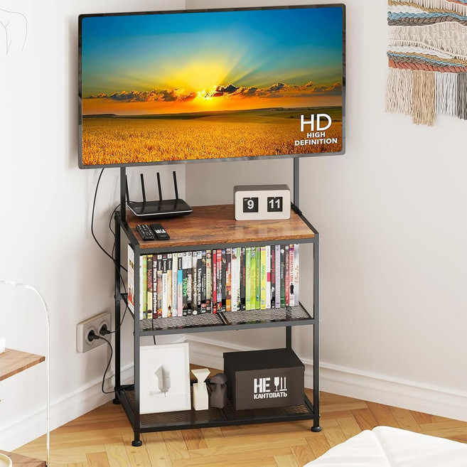 서치잇 텔레비전 스탠드 23~50인치 바닥식 코너형 TV 스탠드 3단 수납 선반 거실 침실용 범용 바닥형 TV 스탠드, 브라운