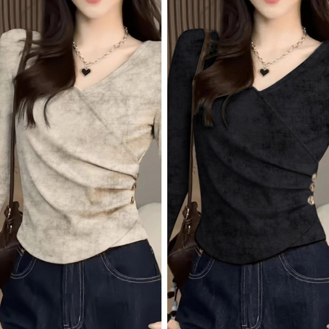 ROYALBELLE 1+1 (2종세트) 여성 우아한 브이넥 티셔츠 디자인 쇼트핏 허리셔링 캐주얼 긴팔티 U0011314