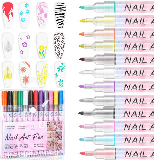 12색 네일아트 펜 세트 그래피티 라이너 펜 네일 DIY 장식 속건성, 1세트, 12개