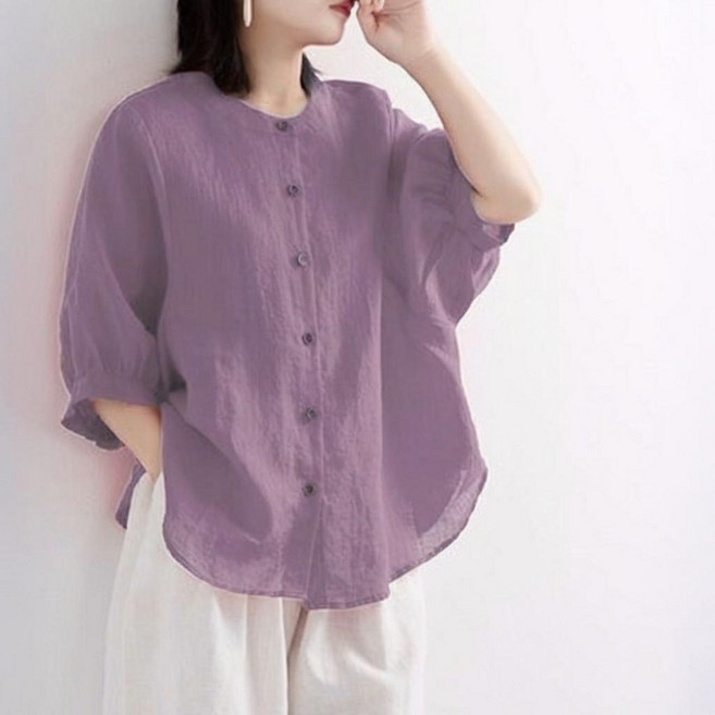 shiny藍格子 文藝風純色寬鬆燈籠袖棉麻衫 M~3XL