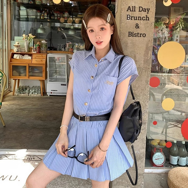 홍언목요 미니 원피스 슬림핏 하이웨스트 스트라이프 셔츠 원피스 반바지 투피스 스쿨룩