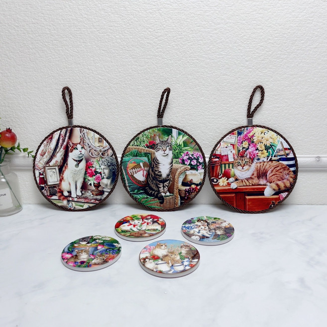 북유럽 고양이 가든 무광 원형 냄비받침 컵받침 도자기 캣 그래픽 세라믹 주방 인테리어 소품, 냄비받침C, 1개