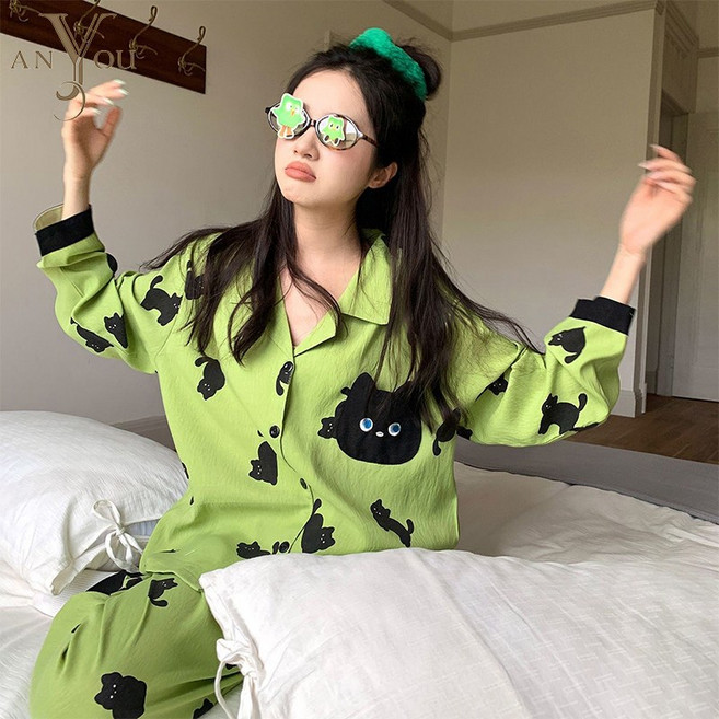 ANYOU 여성 귀여운 캐릭터 파자마 세트 빅사이즈 부드러운 홈웨어 잠옷