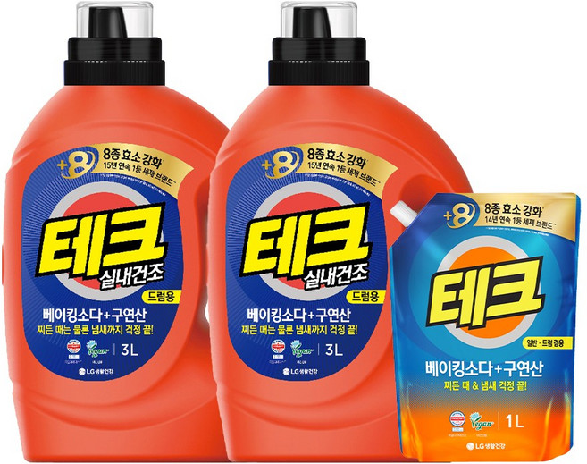 테크 베이킹+구연산 실내건조 액체세제 드럼용 용기 3L x 2개 + 리필 1L, 1개