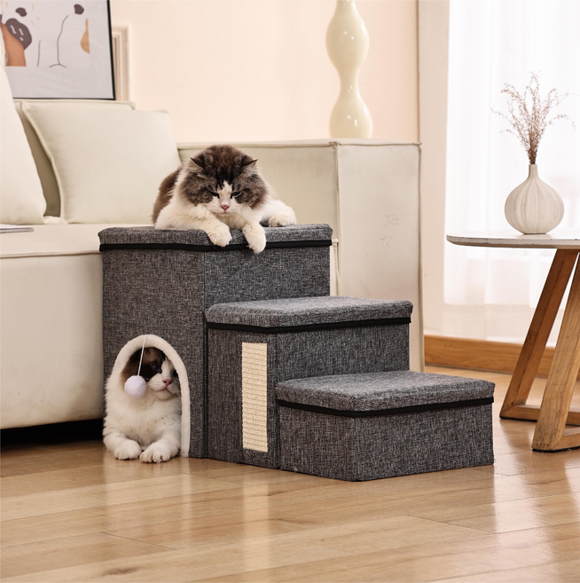 Zebeer 3단 애견 계단 하우스 수납형 미끄럼 방지 접이식 애견 계단, 그레이, 1개(3단)