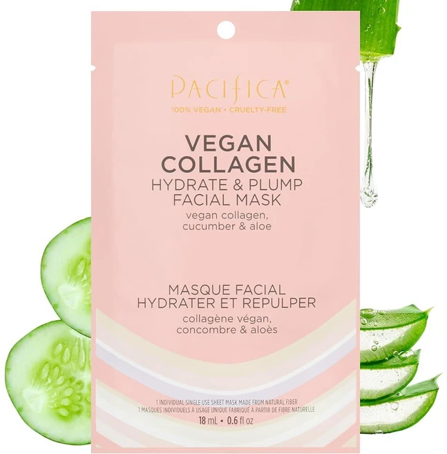 Pacifica 비건 콜라겐 하이드레이트 & 플럼프 페이스 마스크 4팩 - 촉촉하고 풍성한 펩타이드 주입 시트 마스크 비건 콜라겐 오이 및 알로에 클린 뷰티 스킨케어 포함, 1 Count (Pack of 1), 1개 - 쿠팡