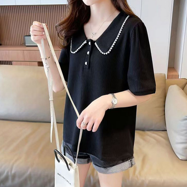 드마엘 폰스 여성 우아한 진주 카라 와플 니트 (2color)+델로나