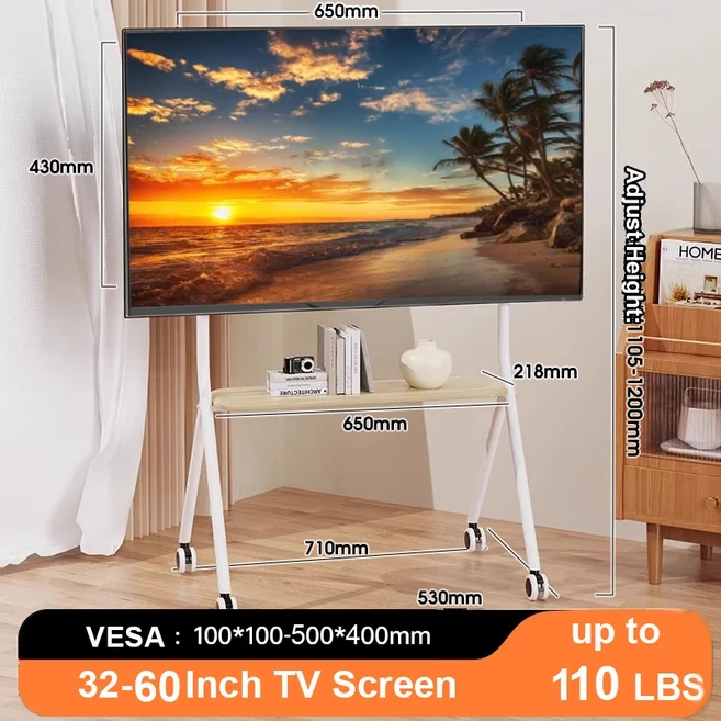 롤링 TV 스탠드 목재 선반이 있는 모바일 TV 스탠드 32-60인치 TV용 회전식 높이 조절 가능 TV 스탠드 바닥, 02 for 32-60 Inch TVs