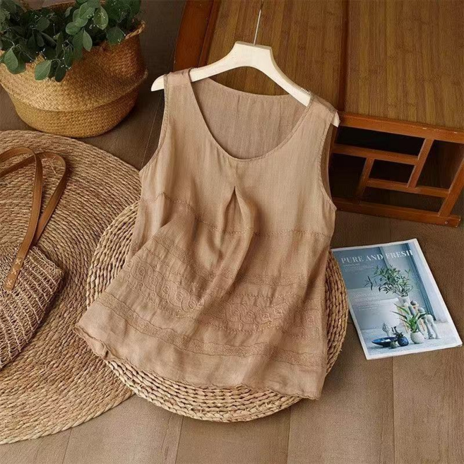 棉麻刺繡無袖上衣