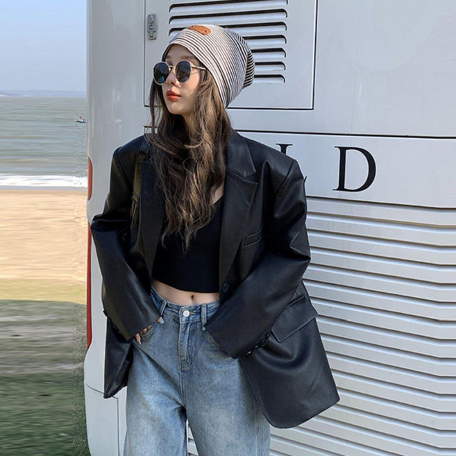 봄 가을 여성용 가죽 자켓 가죽 롱 자켓 봄 가을 슬림핏 모던 스타일 데일리 패션 오버사이즈 코트 JS