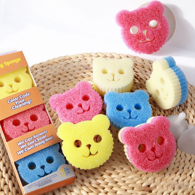 정품 스마일스펀지 곰돌이 양면 온도반응 수세미 3종 세트 흡착 홀더 포함, 3개, 1세트