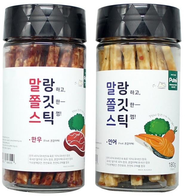 푸르미 강아지 말랑하고 쫄깃한 스틱 껌, 혼합맛(한우/혼합야채), 혼합맛(연어/혼합야채), 180g, 2개