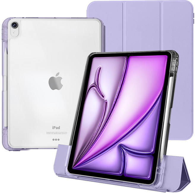 케노 아이패드 세로거치 애플펜슬수납 충전 더블투명케이스, 퍼플