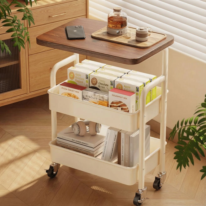 이동식 트롤리 쇼파 사이드테이블 수납 선반 카트, 화이트, 3단