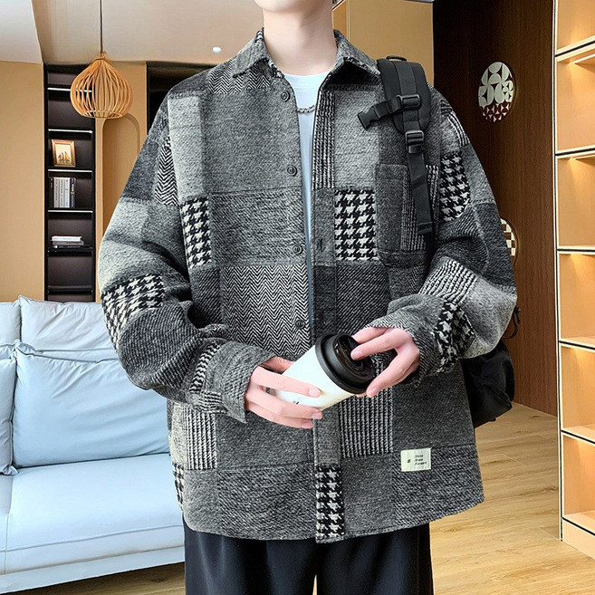 남자 체크 패턴 오버핏 자켓 코트 겨울 캐주얼 루즈핏 모직 재킷 빅사이즈 XINNIX