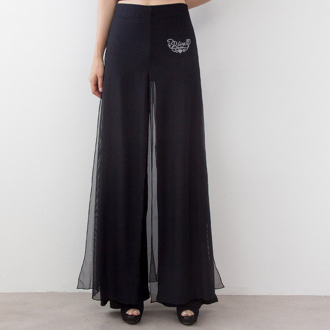 차차퀸 쉬폰 이중 보석 통바지 와이드 팬츠 댄스바지 여성바지, 블랙
