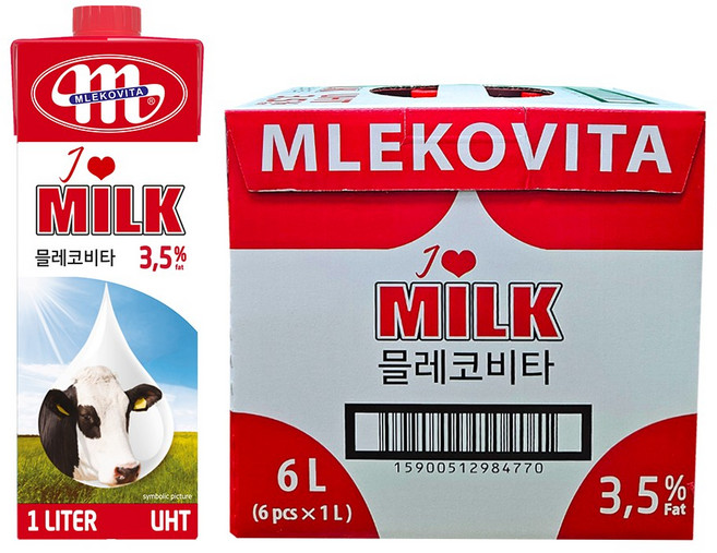 믈레코비타 3.5% 멸균우유, 1L, 6개