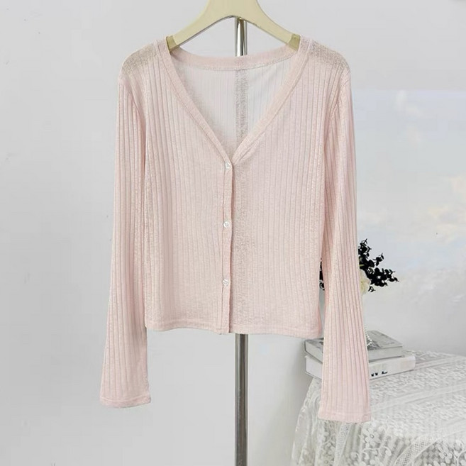 야오야오 브이넥 슬럽 골지 얇은 가디건
