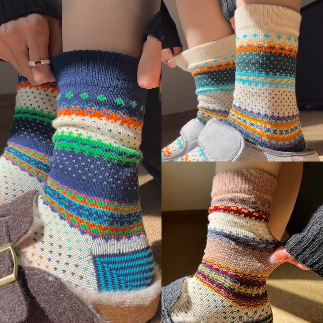 여성 중목양말 코튼 혼색 3켤레세트 빈티지 스트라이프