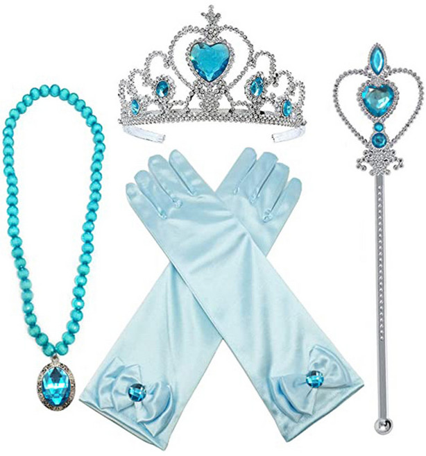 겨울왕국 엘사 크라운 매직 스틱 장갑 목걸이 귀걸이 헤어핀 세트 걸 파티웨어 액세서리 황, 블루 4 피스 세트, 하나, 1개