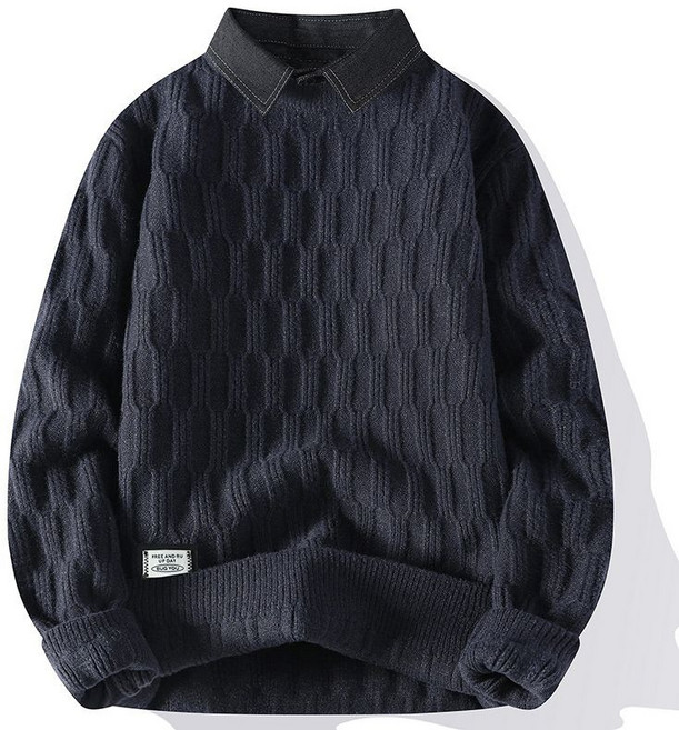 캐주얼 남성용 페이크 투피스 셔츠 상의 빅사이즈 루즈핏 남자 풀오버 셔츠넥 니트 가을 겨울 남성 레이어드 셔츠 YJW