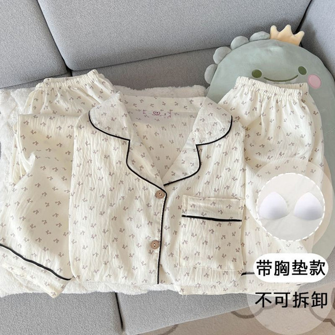 新款上新 夏季睡衣 雲朵棉開衫短袖短褲長褲套裝 女生寬鬆薄款舒適居家服 韓版可愛