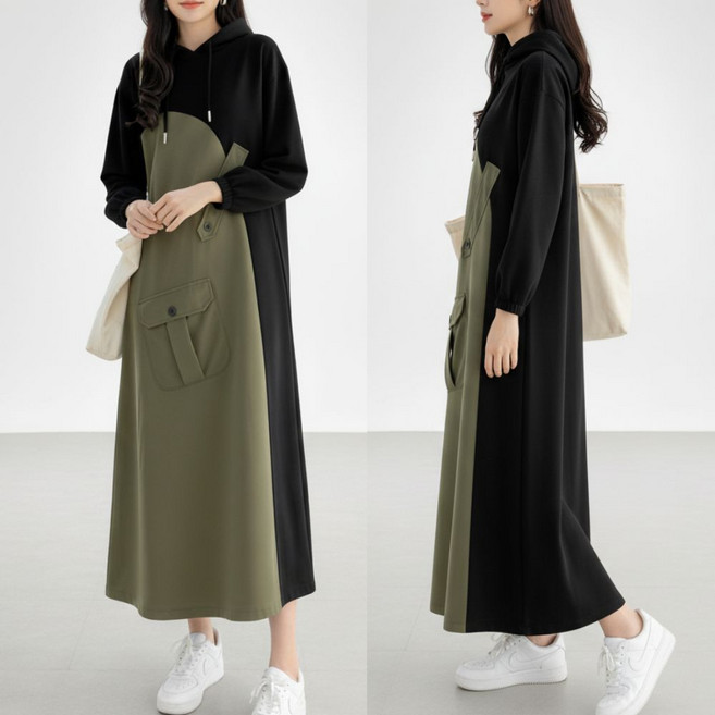 룸브리 긴팔 후드 롱 원피스