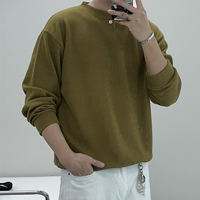 [국내제작] 테이크잇컴퍼니 남자 오버핏 헨리넥 골덴 골지 가을 캐쥬얼 빅사이즈 니트 긴팔 맨투맨 티셔츠