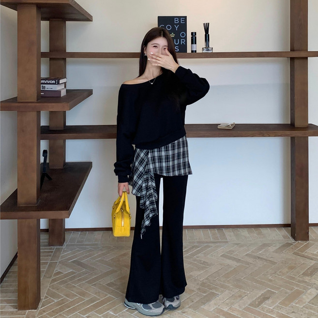 wassup 여성 투피스 세트 봄 여름 오프숄더 티+여성 슬렉스 바지 트레이닝복 캐주얼 투피스