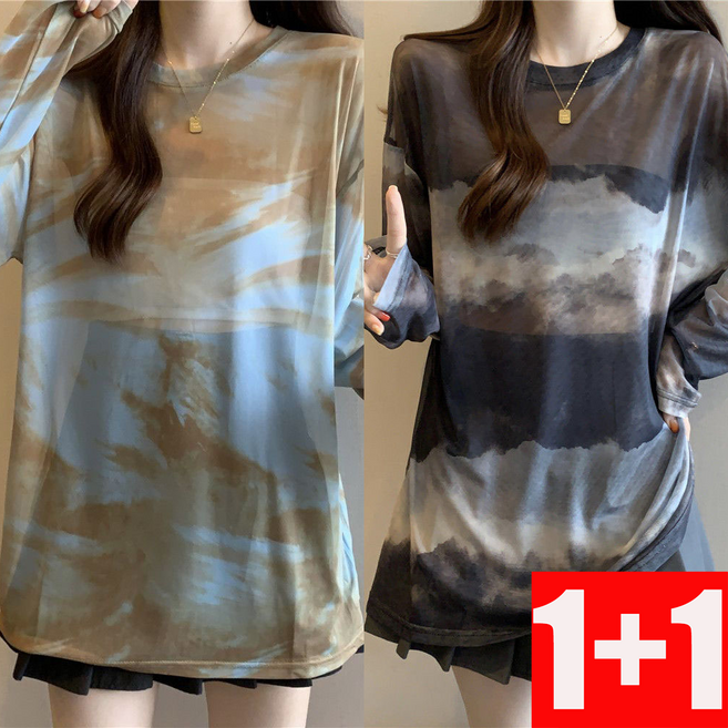 지고다그 1+1 얇은 아이스 실크 긴팔 자외선 차단 여성용 여름 빅사이즈 오버핏 타이다이 메시 티셔츠 ZXC40319