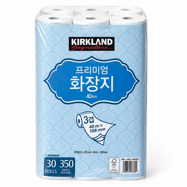 [BJMarket] 커클랜드 프리미엄 3겹 화장지 40m 30롤 롤휴지 용변화장지 3겹화장지, 1개