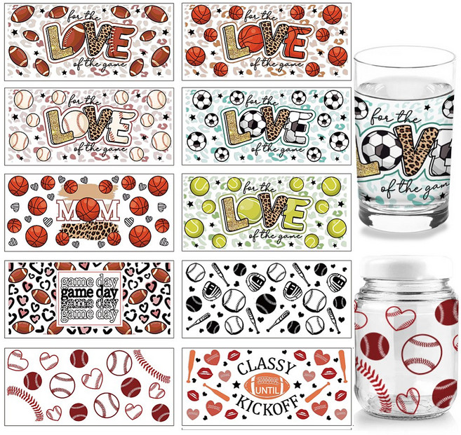 10개 PVC DIY 열전사 용지 (UV 승화 컵/볼용 모션 테마 아이콘 110x240mm 10가지 스타일), 혼합색