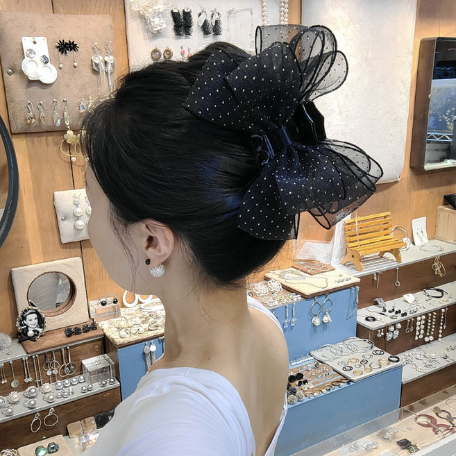 [루루핀 rurupin]왕왕 디자인 블랙 네이비 시스루 위 골드 도트 왕볼륨 올림머리 반머리 리본 집게핀