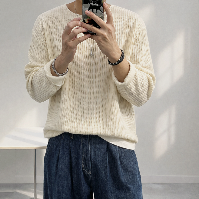 테이크잇컴퍼니 남성 남자 벨루아 아이보리 골덴 골지 벨루아 긴팔 쭉 니트 티셔츠