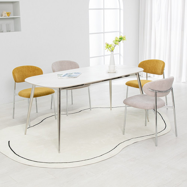 프랑크 세라믹 1600X800 타원형 로즈 4인 식탁 세트 스테인리스 다리, 옐로우