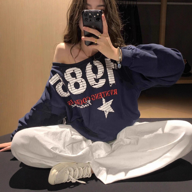 Asure 여성 아메리칸 빈티지 보트넥 오프숄더 긴팔 티셔츠 오버사이즈 맨투맨