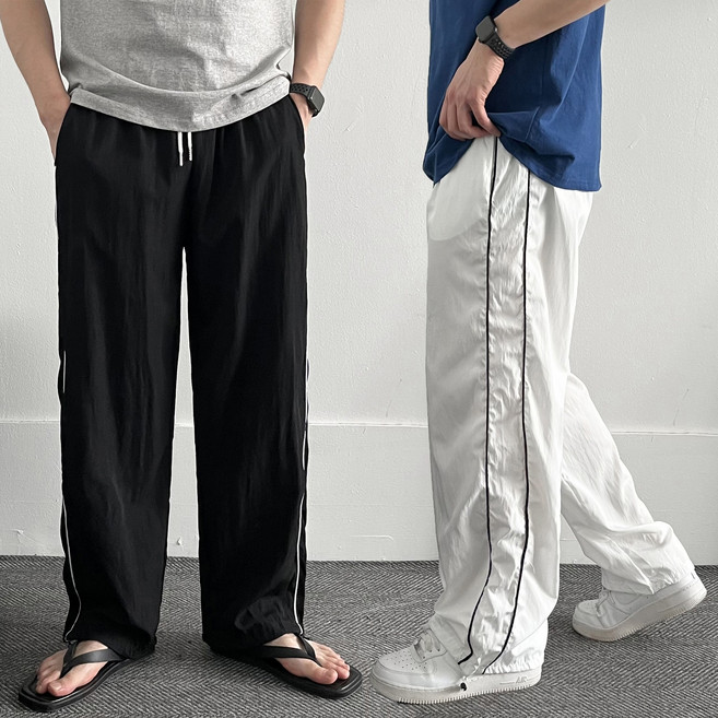 에이치베이직 1+1 나일론팬츠 남자여름바지 삥줄 밴딩 트레이닝 줄 와이드