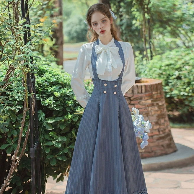 (대여) 인디고블루 스트라이프 홀터넥 투피스 세트