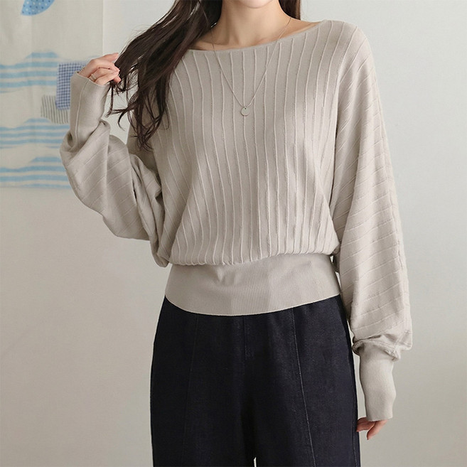 데일리앤 플랏 여리여리 골지 보트넥 가오리핏 긴팔 니트 티셔츠 봄 여름 가을 살안타템