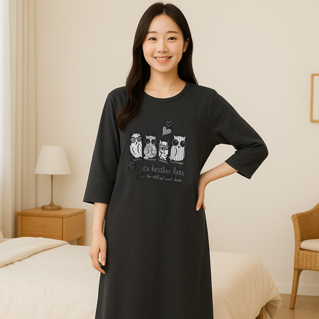 [voshua]부드럽고 편한 실내복 부엉이캐릭터 7부소매 원피스 택1