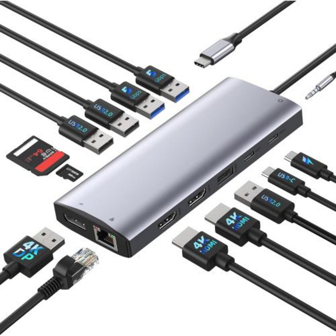 USB C 도킹 스테이션 듀얼 모니터 14 인 1 USBC 허브 USB 어댑터 노트북용 트리플 모니터 4K HDMI 및 DP 싱글 8K 지지대, 1개
