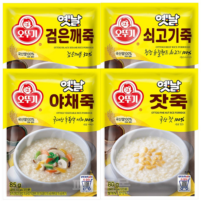 오뚜기 옛날 죽 3인분 4종 세트(잣죽 검은깨죽 쇠고기죽 야채죽), 1세트, 330g